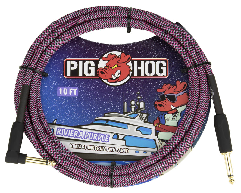 Pig Hog “Riviera Purple”, 10ft 1/4"-1/4" Rt angle connectors Vintage Series Instrument Cable