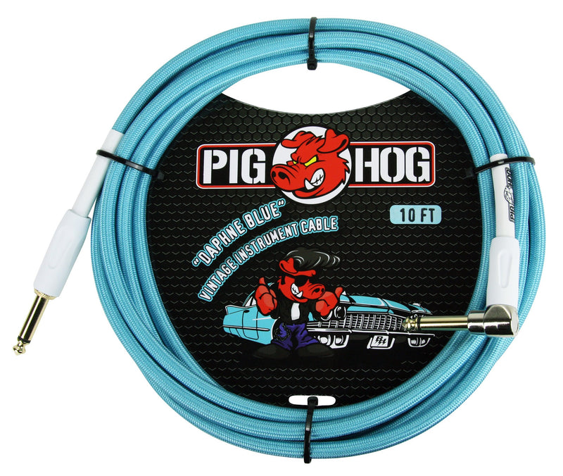 Pig Hog “Daphne Blue”, 10ft 1/4"-1/4" Rt angle connectors Vintage Series Instrument Cable