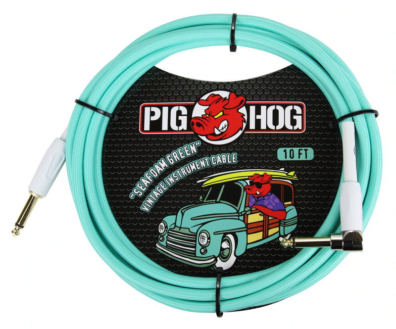 PIG HOG "SEAFOAM GREEN" INSTRUMENT CABLE, 10FT RIGHT ANGLE