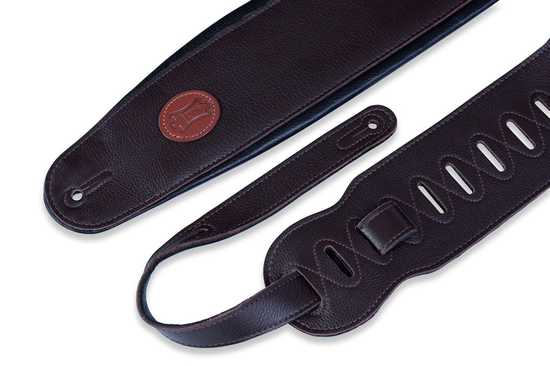 Levy's 4 1/2" Garment Leather Bass Strap With Foam Padding And Garment Leather Backing. Adjustable From 37" To 51". Dark Brown Color