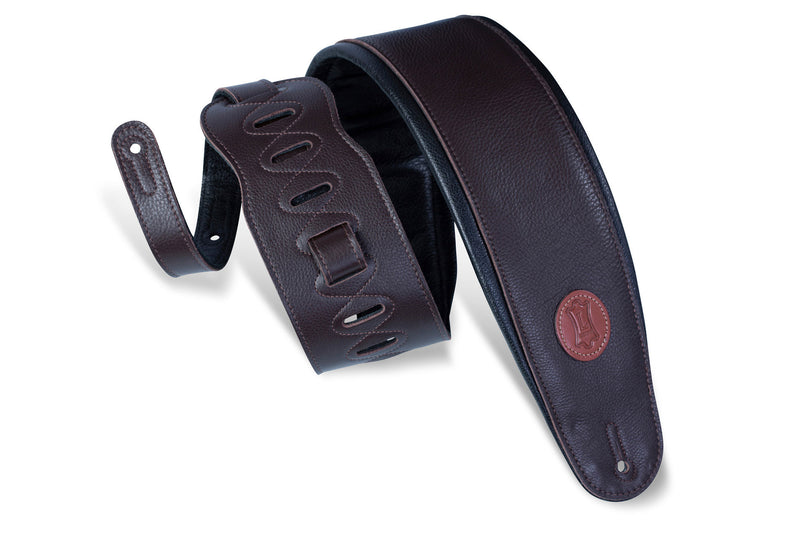 Levy's 4 1/2" Garment Leather Bass Strap With Foam Padding And Garment Leather Backing. Adjustable From 37" To 51". Dark Brown Color