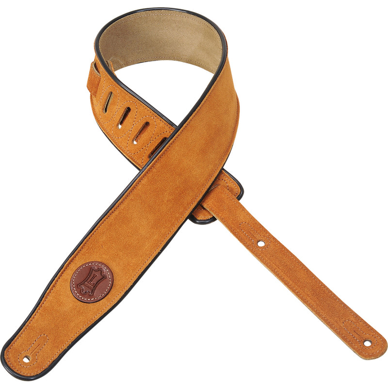 Levy's 2 1/2" Signature Series Suede Guitar Strap With Black Decorative Piping, Honey.