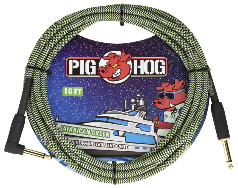 Pig Hog “Jamaican Green”, 10ft 1/4"-1/4" Rt angle connectors Vintage Series Instrument Cable