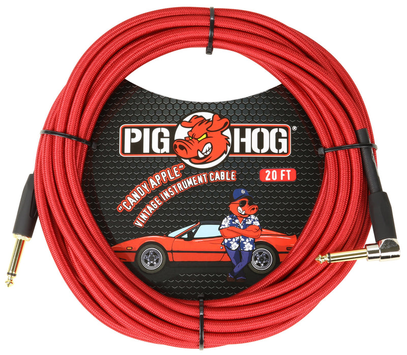 PIG HOG "CANDY APPLE RED" INSTRUMENT CABLE, 20FT. RIGHT ANGLE