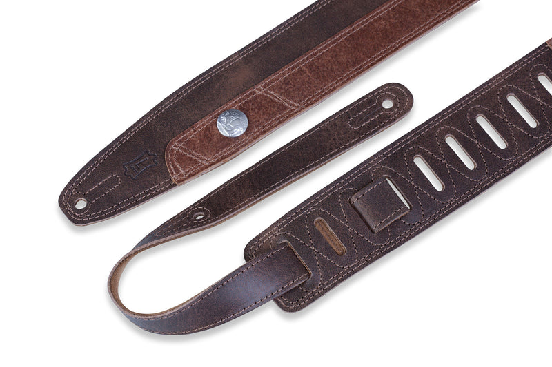 Levy's 2 1/2" Two Tone Veg-tan/garment Leather Distressed Guitar Strap Dark Brown