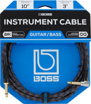 BOSS 10FT/3M INSTRUMENT CABLE, ANGLED/STRAIGHT 1/4" JACK