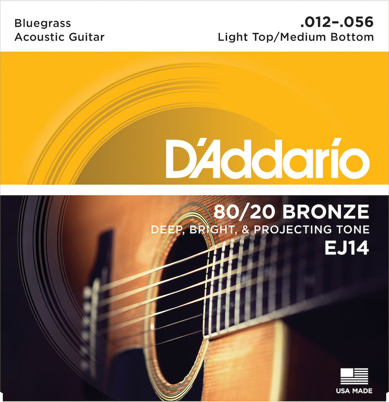 D’addario EJ14 80/20 Bronze Acoustic Guitar Strings, Light Top/Medium Bottom/Bluegrass, 12-56