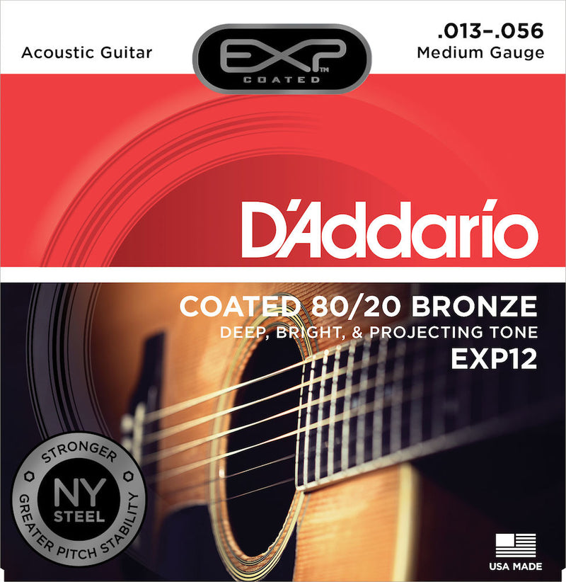 D'Addario EXP12 Coated 80/20 Bronze Acoustic Guitar Strings, Medium, 13-56
