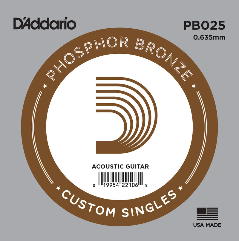 D'Addario PB025 Phosphor Bronze Wound Acoustic Guitar Single String, .025