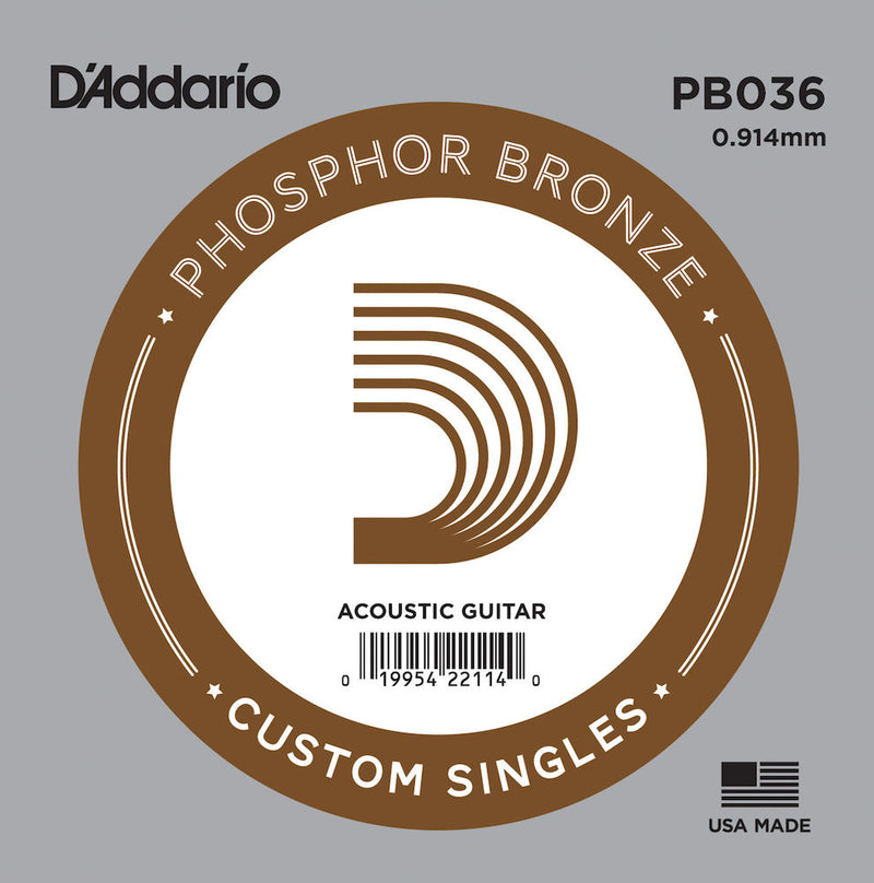 D'Addario PB036 Phosphor Bronze Wound Acoustic Guitar Single String, .036