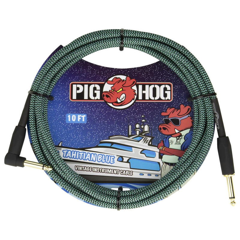 Pig Hog "Tahitian Blue"- 10ft 1/4"-1/4" RT Angle Connectors